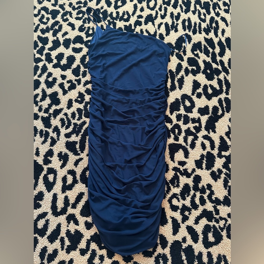 Navy blue one shoulder body con ruched dress